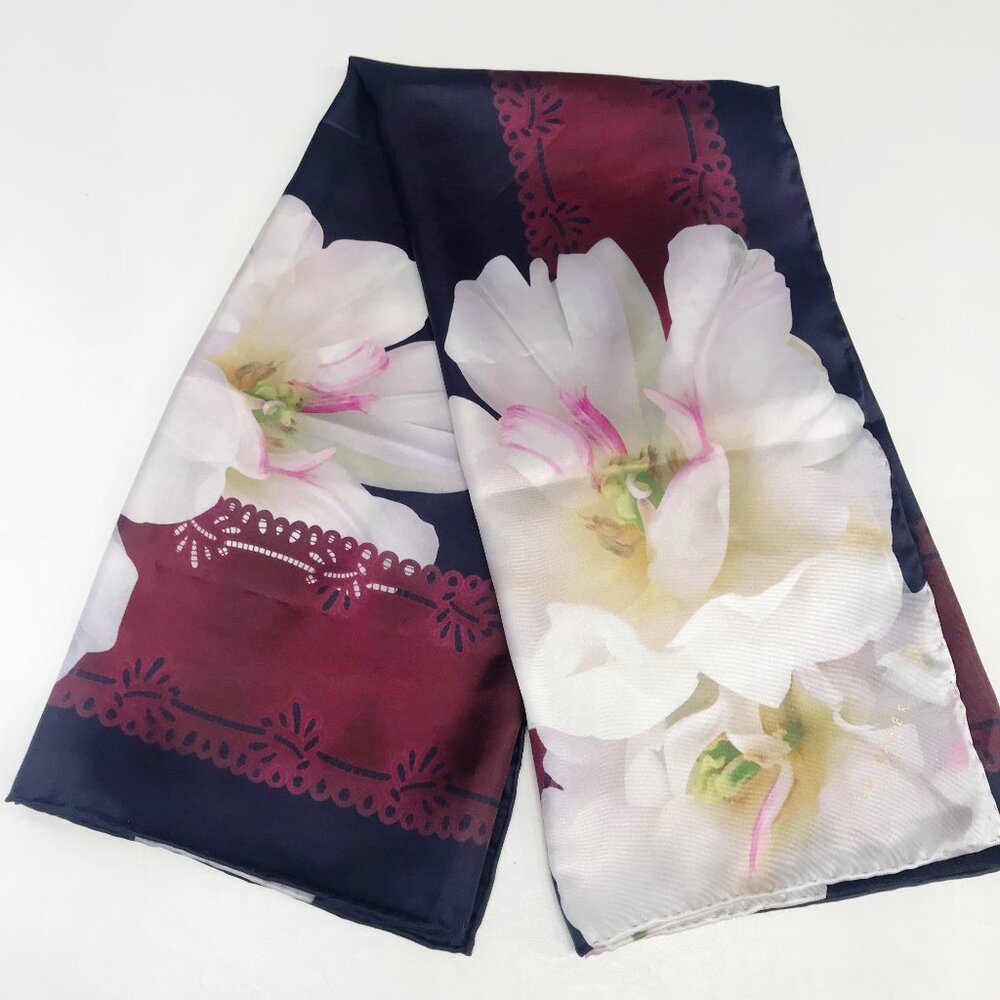 Ted Baker Scarf Womens Blue Navy Burgundy Floral Silk Logo 34 X 36 Inches Luxury